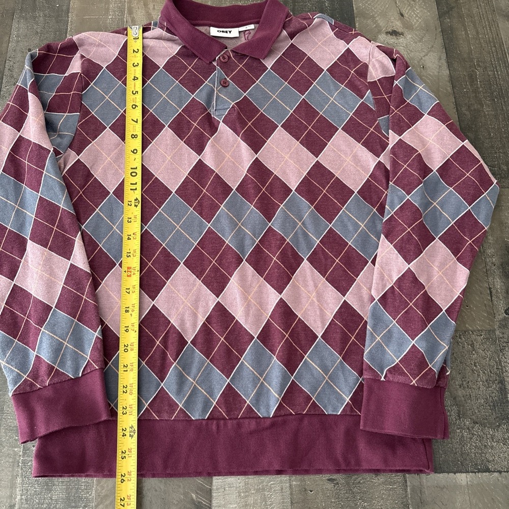 Obey Mens Medium Long Sleeve Polo Shirt Argyle pattern 100% cotton preppy - Picture 5 of 8